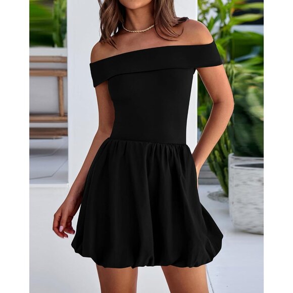 Women Summer Off Shoulder Bubble Dress Mini Sleeveless Fit Flared - Picture 4 of 8